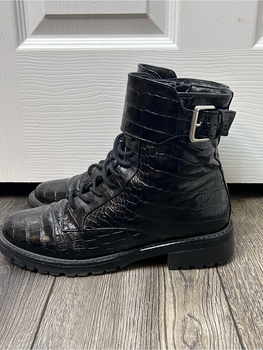 Black Croc Embossed Combat Boots Buckle Lace Up Ankle Boots Size 10 - Picture 3 of 12